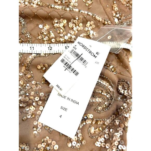 PISARRO NIGHTS New Beige Nude Beaded Mesh Midi Cocktail Dress Holiday NWT Sz 4 - Picture 6 of 11